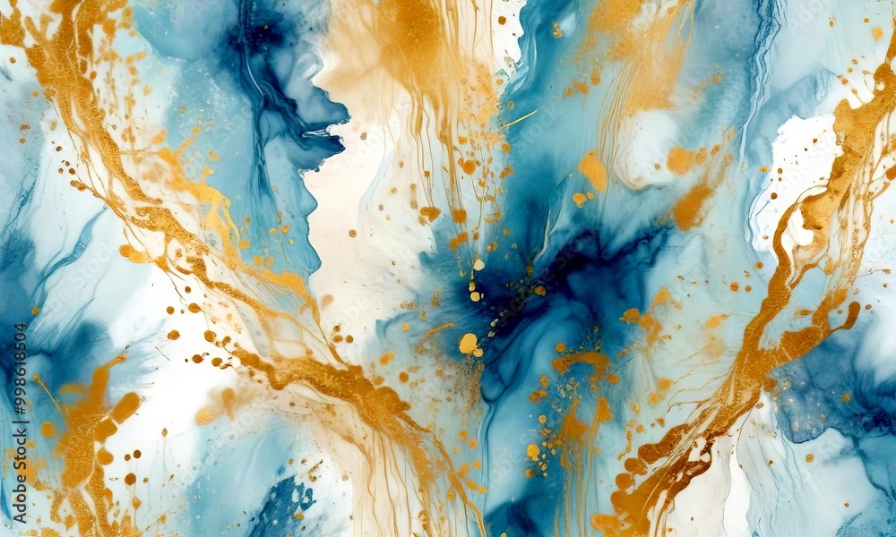 Poster an abstract pattern with blue and gold hues, resembling a swirling, marbled effect the pattern is co