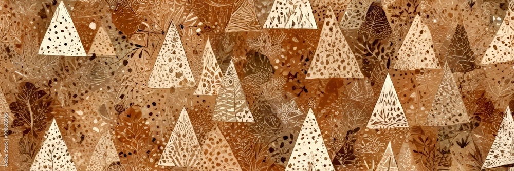 Poster a pattern of stylized triangular shapes in various shades of brown, with some areas appearing to be in watercolor or pastel The shapes are scattered across the , creating