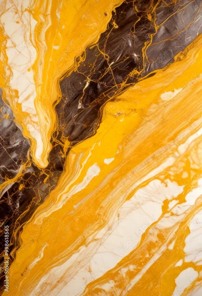 Poster a close-up view marble surface with a striking pattern of yellow, brown, and white marble swirls and