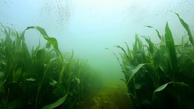 Rows of corn growing underwater, creating an eerie and somber scene of lost crops and the impact of natural disasters on agriculture