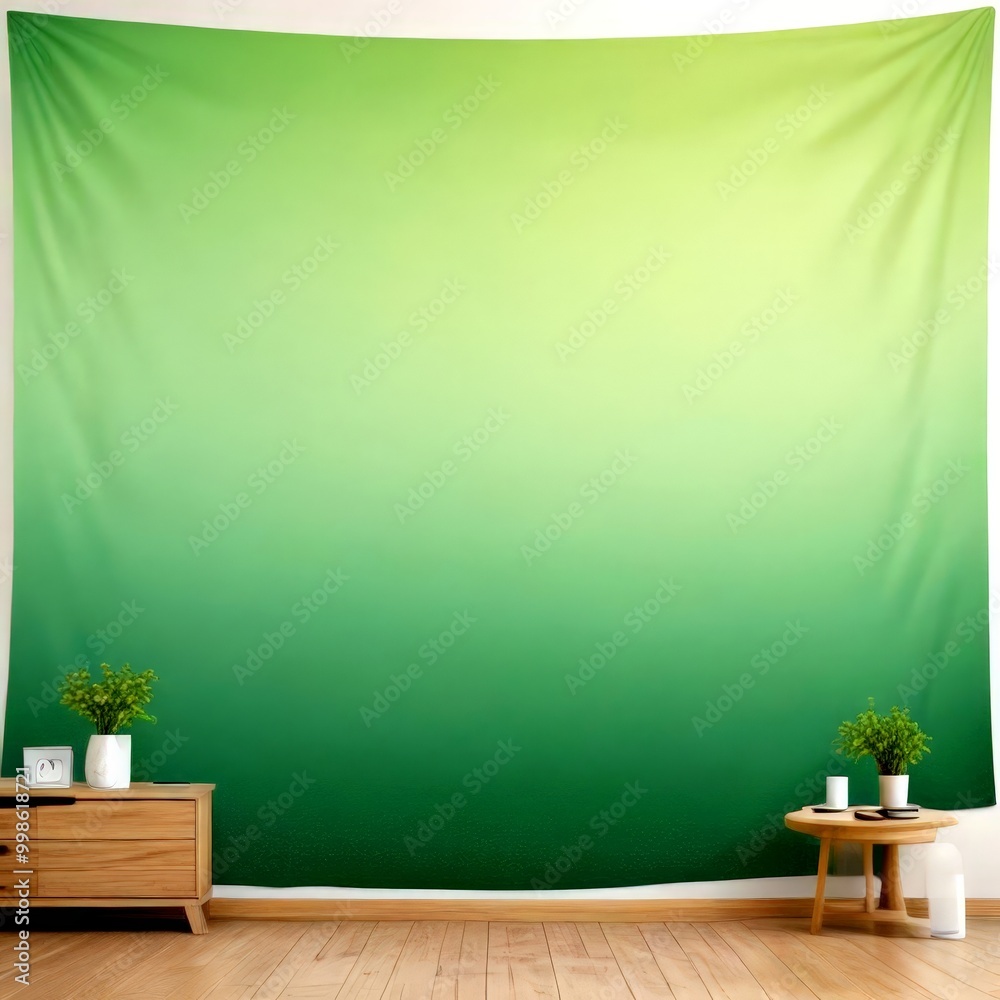 Poster a large green tapestry hangs on a white wall, serving as a backdrop for a small wooden table with tw