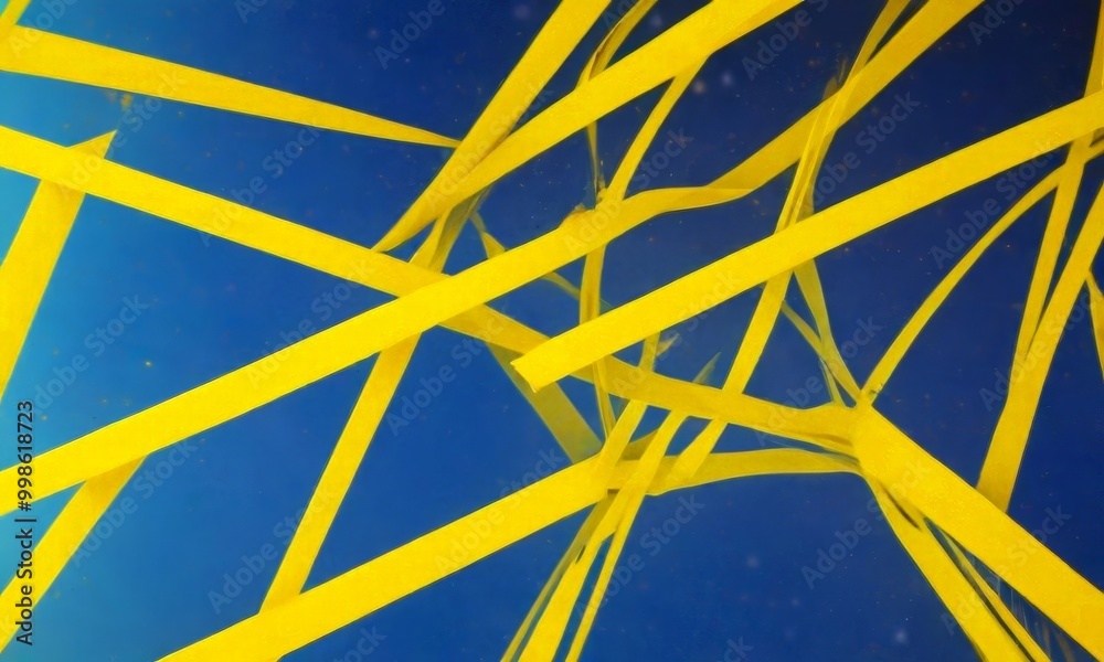 Poster a close-up view complex arrangement of yellow and blue lines, creating a visually striking abstract pattern against a blue background