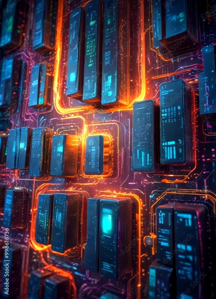 Poster a complex network of interconnected electronic devices, with a vibrant mix of orange, green, and blue hues The devices are arranged in a grid-like pattern, creating a sense