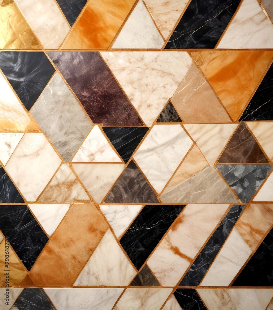 Poster a close-up view mosaic tile pattern composed of various shades of brown, black, and white tiles arra