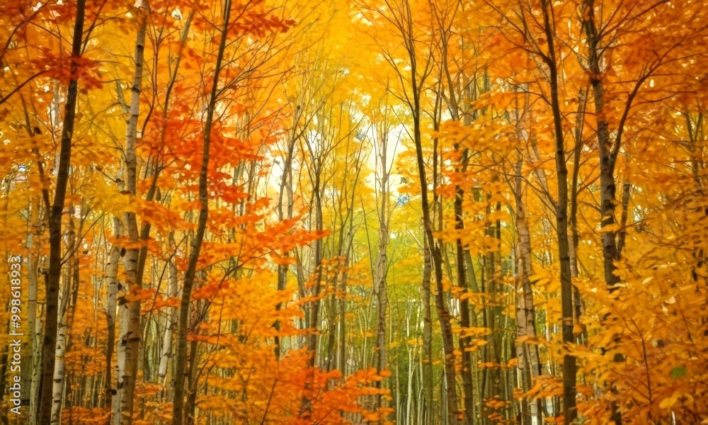 Aufkleber A vibrant autumn scene unfolds in a forest, with trees displaying a stunning array of orange, yellow, and green leaves The perspective is from the ground, looking up at
