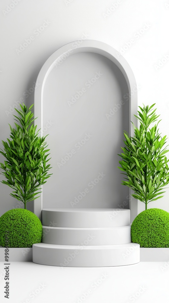 Wall mural White Minimalist Product Display with Plants and Arch.