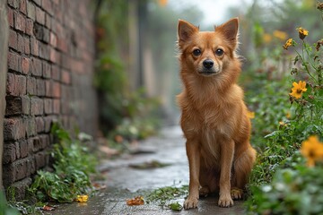 Naklejka premium Confident Pariah Indian Dog Posing in a Vibrant Natural Setting with Lush Greenery Surrounding It