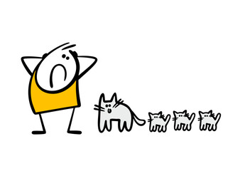 Funny cartoon stickman looks at his pet cat in horror and panic. Vector illustration of a pet giving birth to many small kittens. Hand drawn man doesn't know what to do and holds his had.