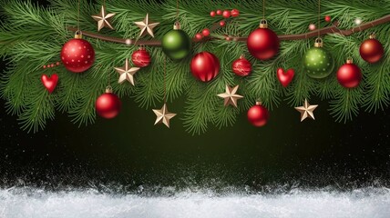 Naklejka premium Christmas background - baubles and branch of spruce tree