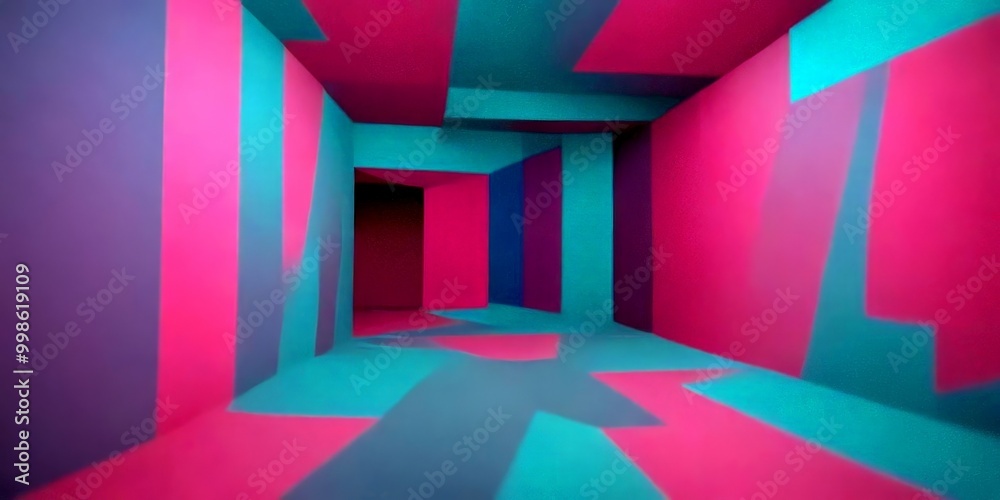 Poster a long, narrow room with walls painted in a vibrant mix of pink and blue, creating a visually striki