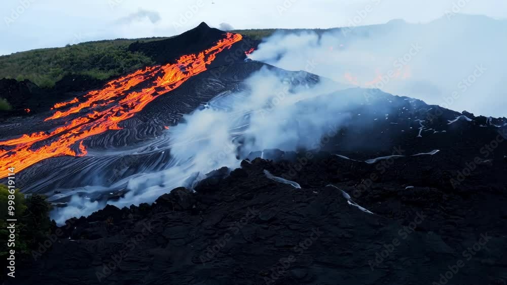 Poster red hot lava flowing down the side of a volcano, creating a river of fire and smoke as it makes its 