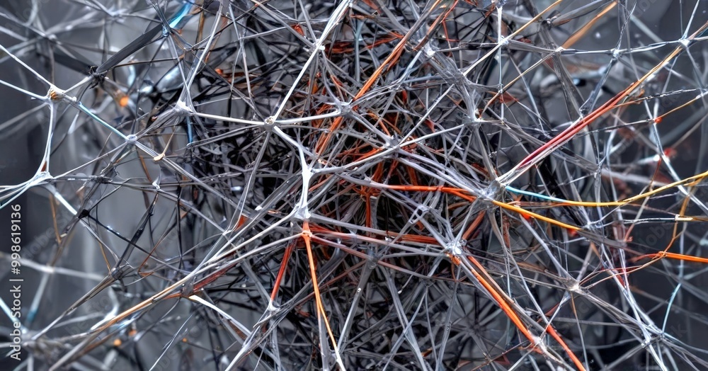 Poster a close-up view complex network of thin, interconnected wires and strands, creating a dense, tangled web-like structure