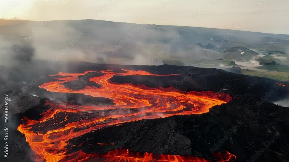 Poster Molten lava flows down the side of a volcano, creating a river of fire in a desolate landscape shrouded in smoke and ash