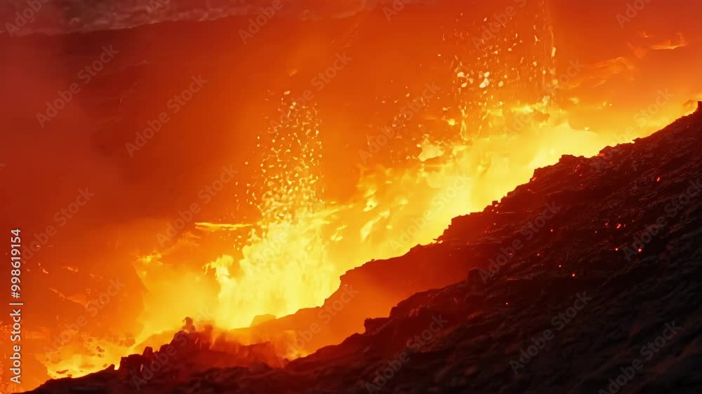 Poster River of lava flowing between rocks, creating a scene of intense heat and geological activity. The molten rock glows with a fiery intensity, illuminating the surrounding landscape