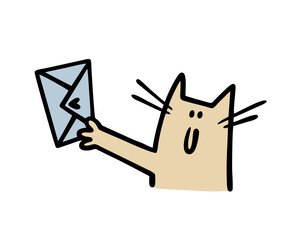 Cartoon kitten stretched out paw and holding  blue envelope with heart. Vector illustration of postman bringing letter. Cat working in delivery service. Pet courier delivered the correspondence.