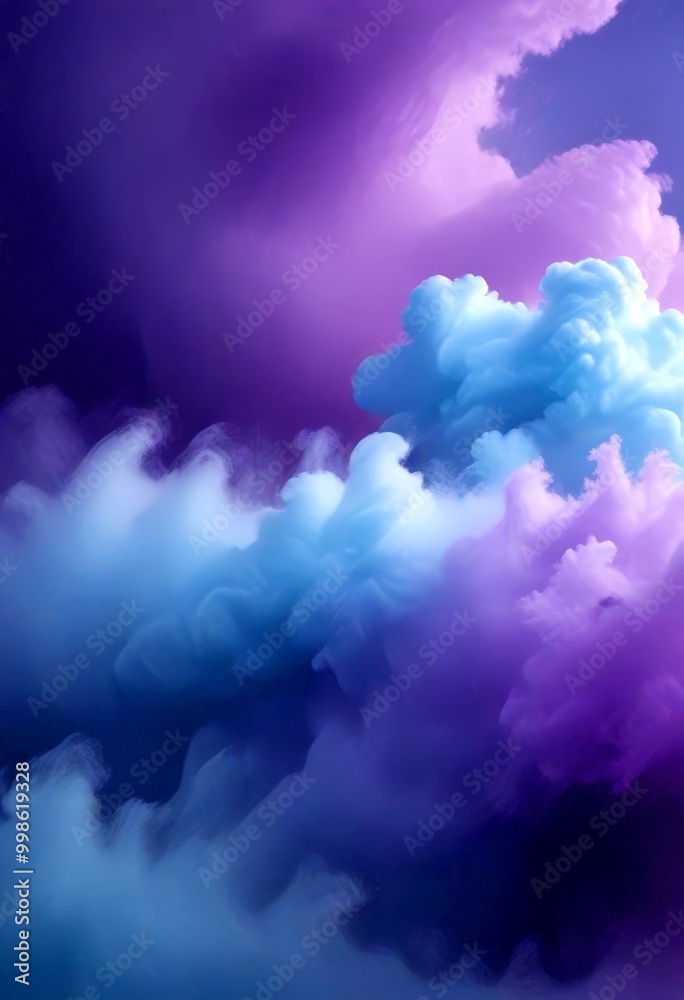 Poster a dramatic sky filled with swirling clouds in shades of purple and blue, creating a sense of movemen
