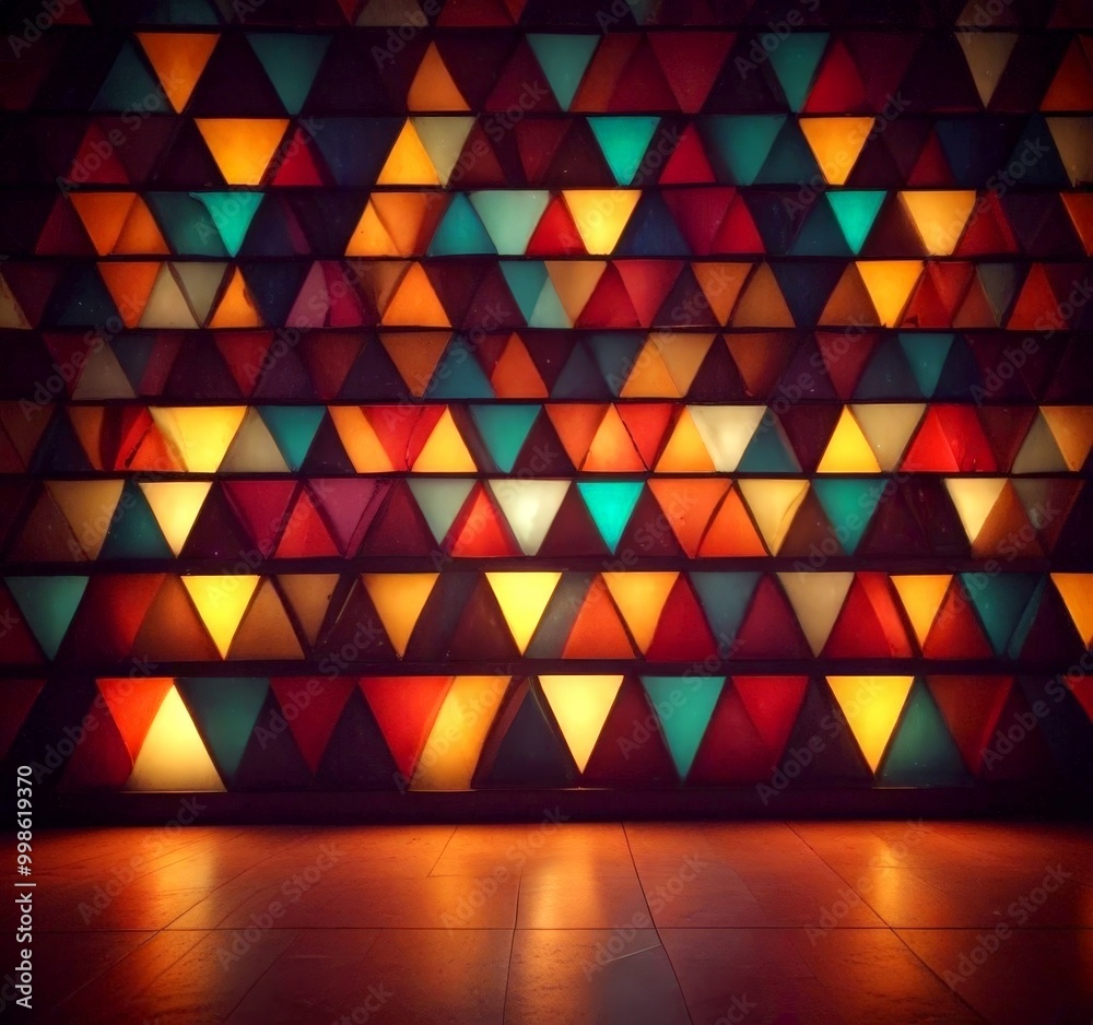 Fototapete A vibrant display of multicolored triangular panels creates a striking visual effect, with the panels arranged in a grid-like pattern and illuminated from below, casting a