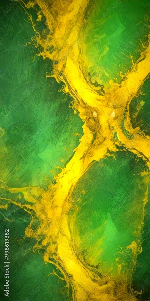 Fototapete a vibrant abstract painting with a striking color palette of green and yellow The painting is composed of overlapping brushstrokes, creating a sense of depth and movement