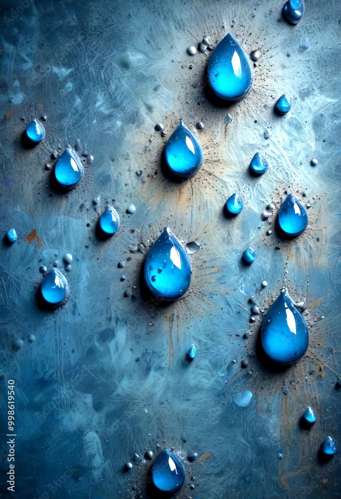 Poster a collection of blue water droplets scattered across a dark, textured surface, creating a sense of depth and movement