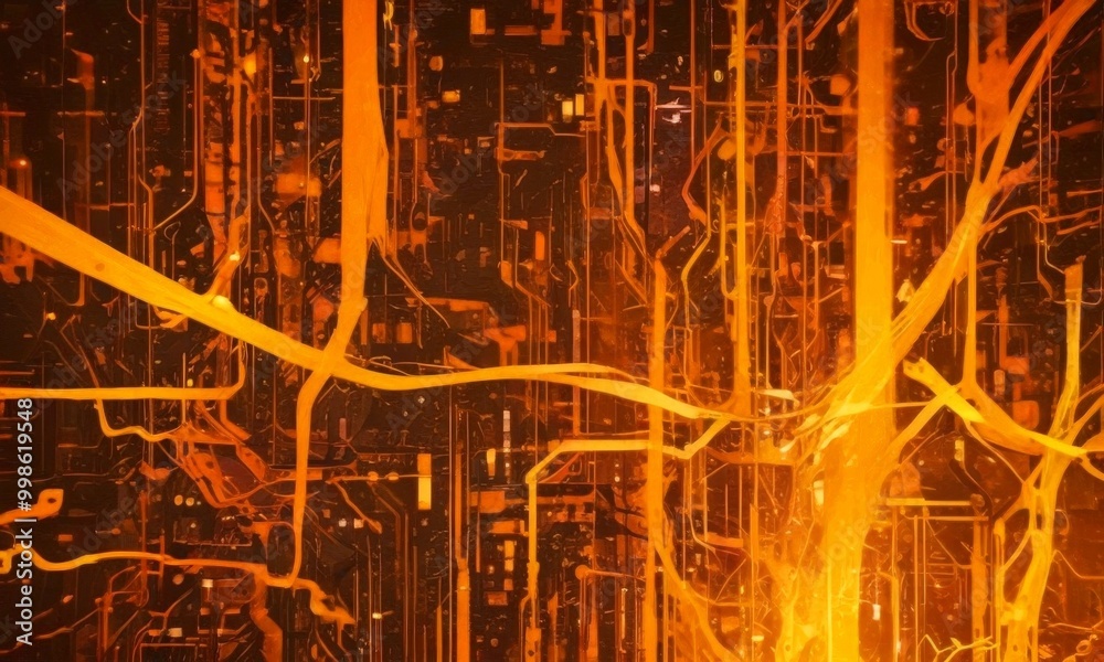 Poster a complex network of interconnected lines and tubes, creating a dense, intricate pattern The colors are predominantly orange and black, with occasional