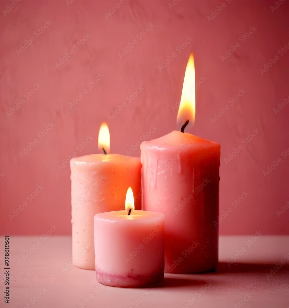 Poster three lit candles of varying sizes and shapes stand on a pink surface, casting a warm glow against a