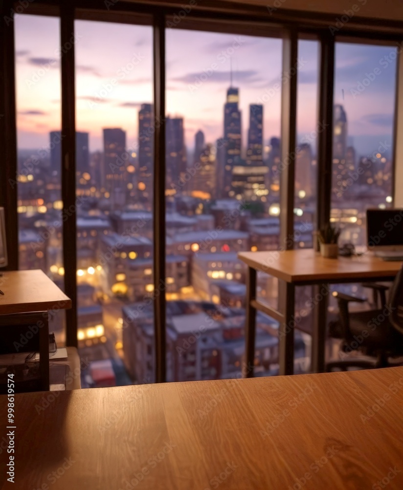 Poster a panoramic view city skyline at dusk, as seen through a large window in an office setting