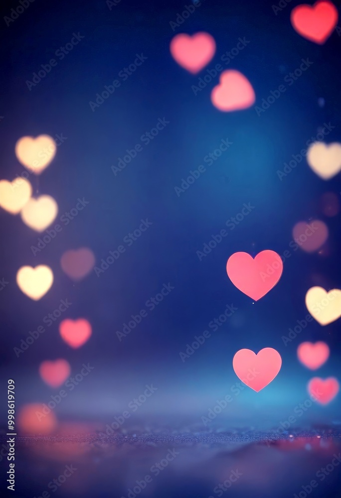 Poster soft, blurred heart shapes in various shades of pink and red float against a dark blue background, c
