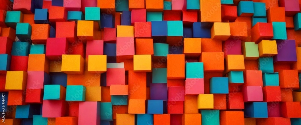 Poster A vibrant array of multicolored cubes, varying in size and orientation, creates a visually striking and dynamic pattern