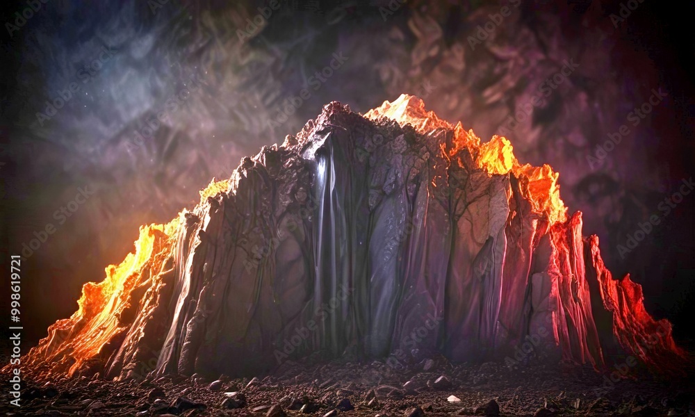 Poster a dramatic, dark landscape with a towering, rocky formation illuminated by a single light source, cr