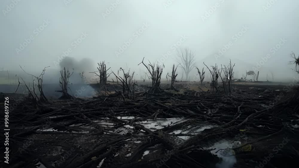 Poster Smoke is rising from the charred remains of trees in a forest destroyed by wildfire, with a dense fog adding to the eerie atmosphere