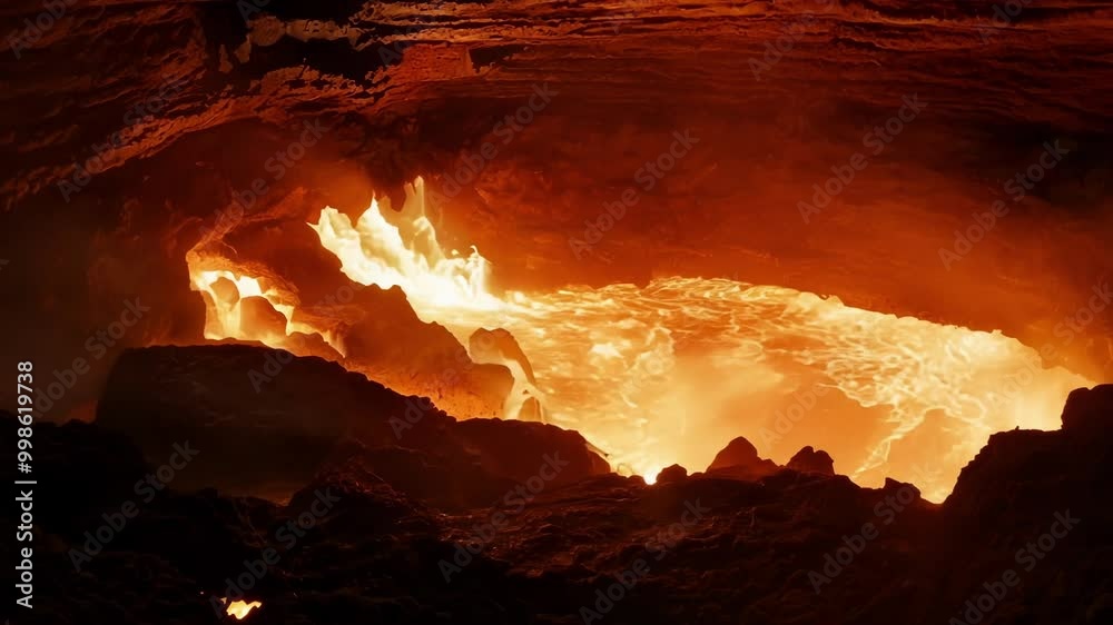 Poster River of fiery molten lava is flowing inside an underground cave, creating a scene of mesmerizing beauty and intense heat