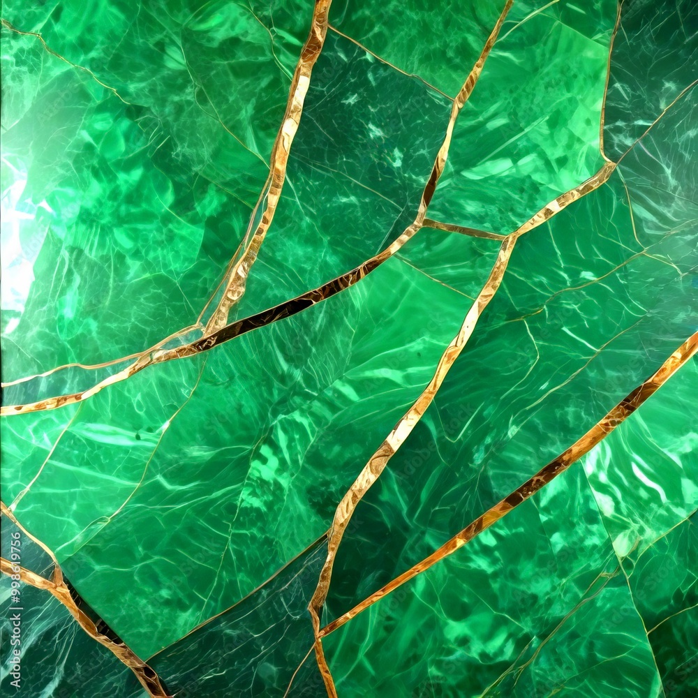 Leinwandbilder a close-up view green marble surface with a gold-colored line running through it, creating a striking contrast between the two colors