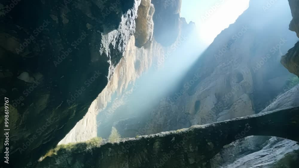 Poster sunlight shines through a cave, illuminating a stone bridge over glistening water, creating a captiv