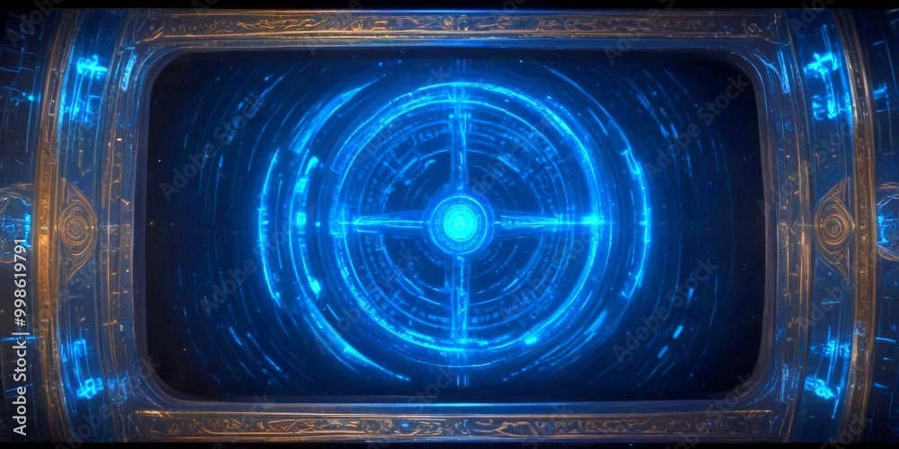Poster a futuristic, circular interface with a central blue and white design, surrounded by a dark blue bac