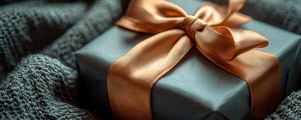 A stunning gift box featuring a delicate golden ribbon is carefully placed on luxurious, emerald green fabric, creating an inviting and festive atmosphere.