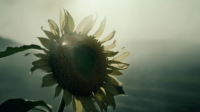 Resilient sunflower symbolizes hope and strength in a natural disaster, showing nature's power to persevere. Vibrant yellow petals contrast with surroundings, highlighting environmental challenges