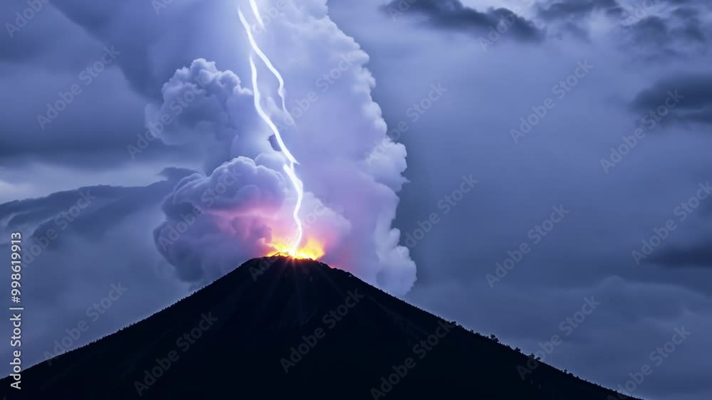 Poster Lightning bolt strikes an erupting volcano at twilight, creating a dramatic scene with an ash cloud and captivating sky, showcasing nature's raw power and danger