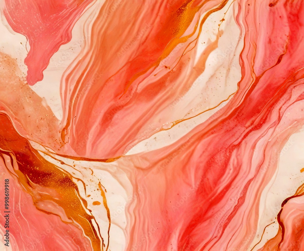 Fototapete a marble-like abstract pattern with pink and white swirls and splashes of gold, creating a visually striking and dynamic composition