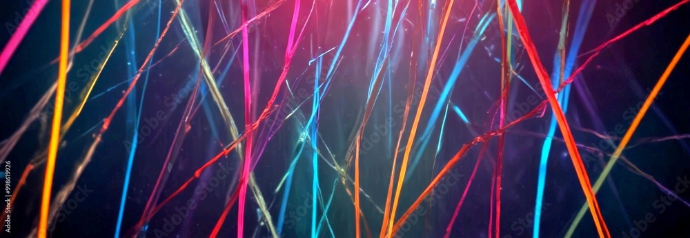 Poster a close-up view vibrant, abstract pattern of multicolored lines and strands, creating a dynamic and visually striking composition