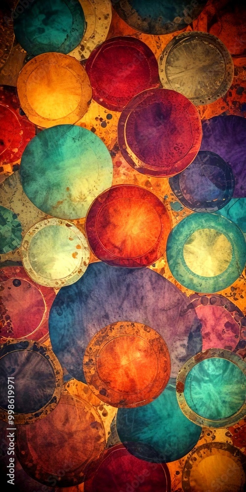 Poster a vibrant abstract composition of overlapping circles in various colors, including shades of green, blue, orange, and red, creating a dynamic and visually striking pattern