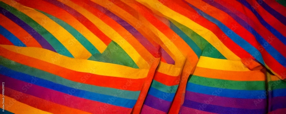 Poster a close-up view vibrant, multicolored fabric with diagonal stripes in various shades of red, orange,