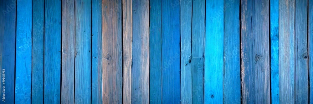 Poster a close-up view wooden wall with vertical planks in various shades of blue, brown, and gray, creatin