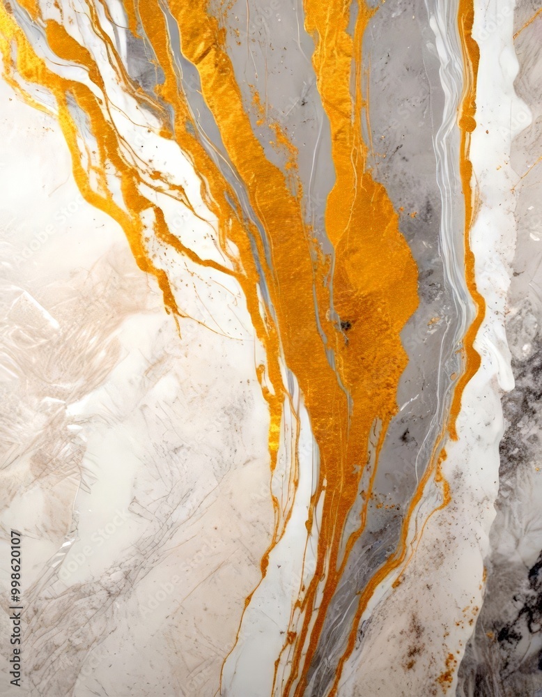 Poster a marble surface with a striking abstract pattern created by gold and white paint The pattern features curved lines and splashes of color, creating a sense of movement