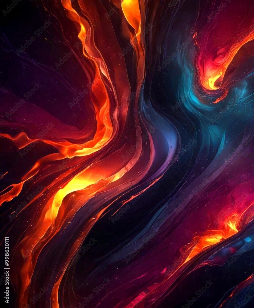 Poster a digital art piece featuring swirling, fiery colors in shades of orange, red, and blue, creating a 