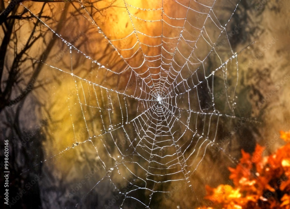 Poster a close-up spider web, with dew drops clinging to its intricate structure, set against a backdrop of