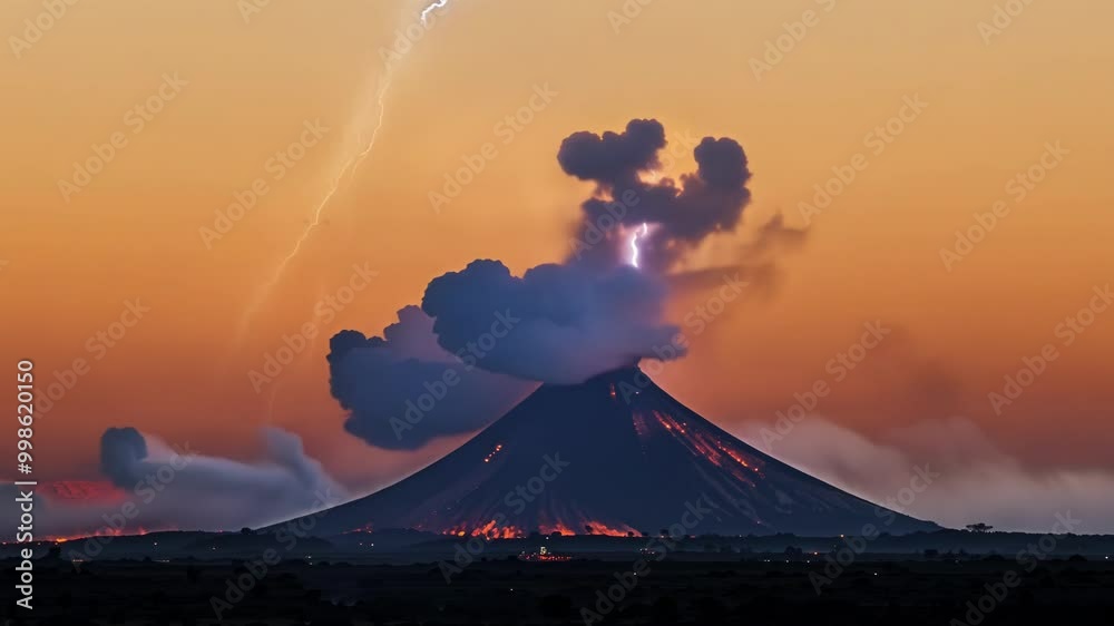 Poster Large volcano erupting at twilight, spewing lava and ash into the sky with a fiery glow illuminating the surrounding landscape