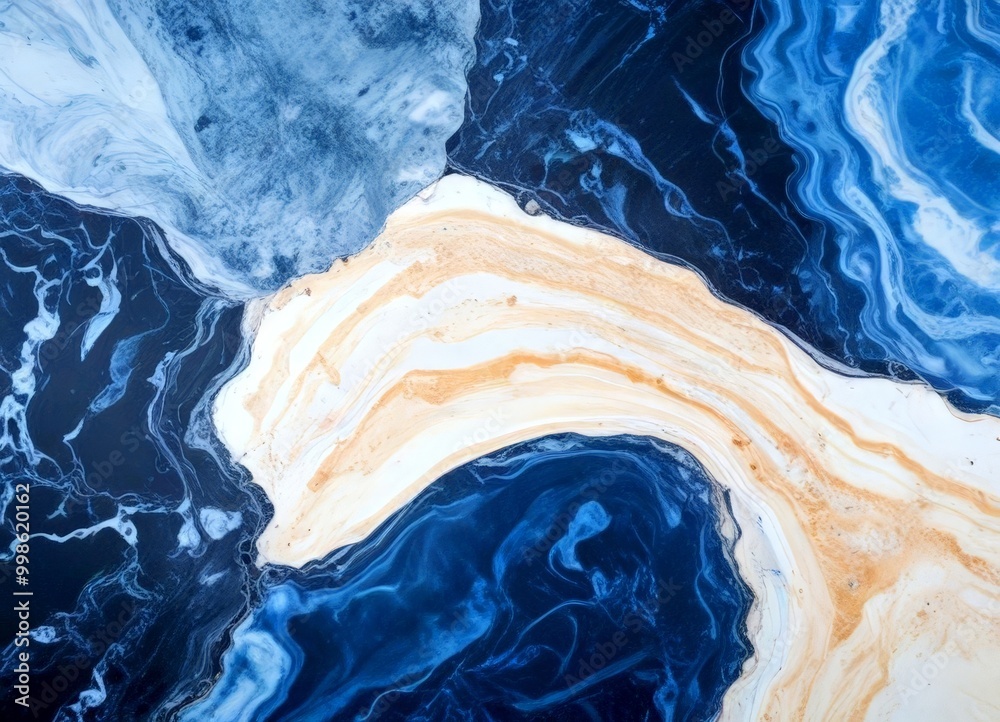 Poster a close-up view marble surface with swirling patterns of blue, white, and orange colors, creating a dynamic and abstract visual effect
