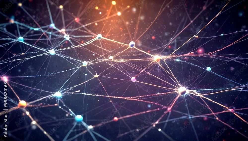 Poster a complex network of interconnected lines and dots, resembling a web or a spider's web, against a dark background The dots are scattered throughout the , with