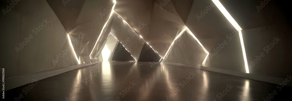 Poster a long, dimly lit corridor with geometric patterns on the walls and ceiling, creating a sense of depth and perspective