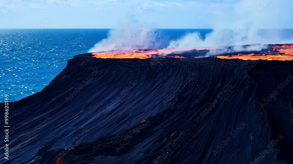 Poster Witness molten lava flowing from a volcano into the ocean at dusk, surrounded by smoke and steam. Nature's power unfolds in a fiery eruption, creating a captivating contrast of colors